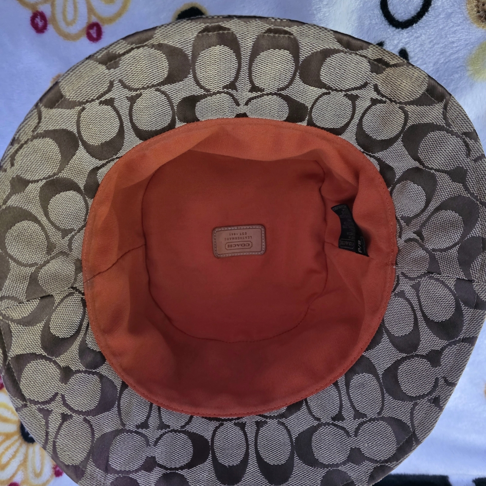 Coach Signature Orange Bucket Hat With Leather Band - Picture 5 of 7